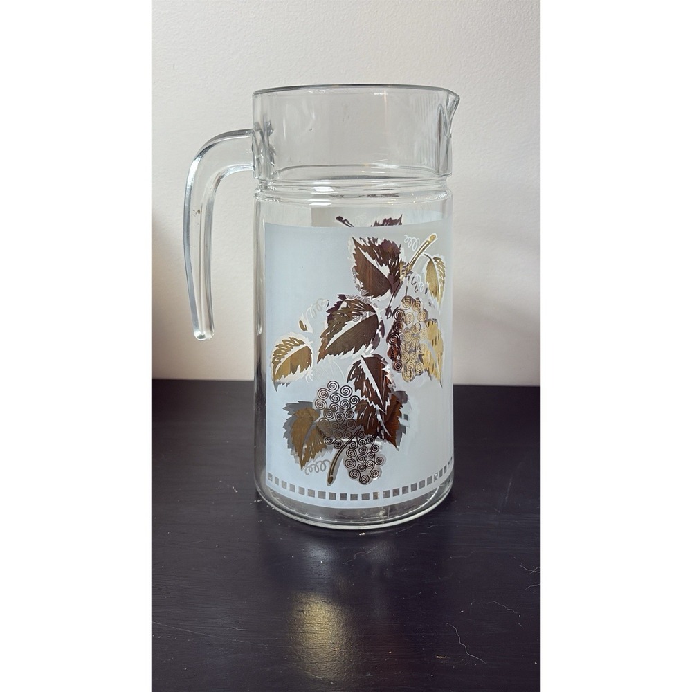 MCM Golden Foliage by Libbey Pitcher & Glasses Mid Century Barware  1960s